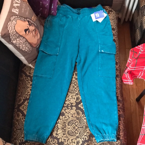 Pants - High rise distressed joggers. Blue-green. Teal color.loose fit